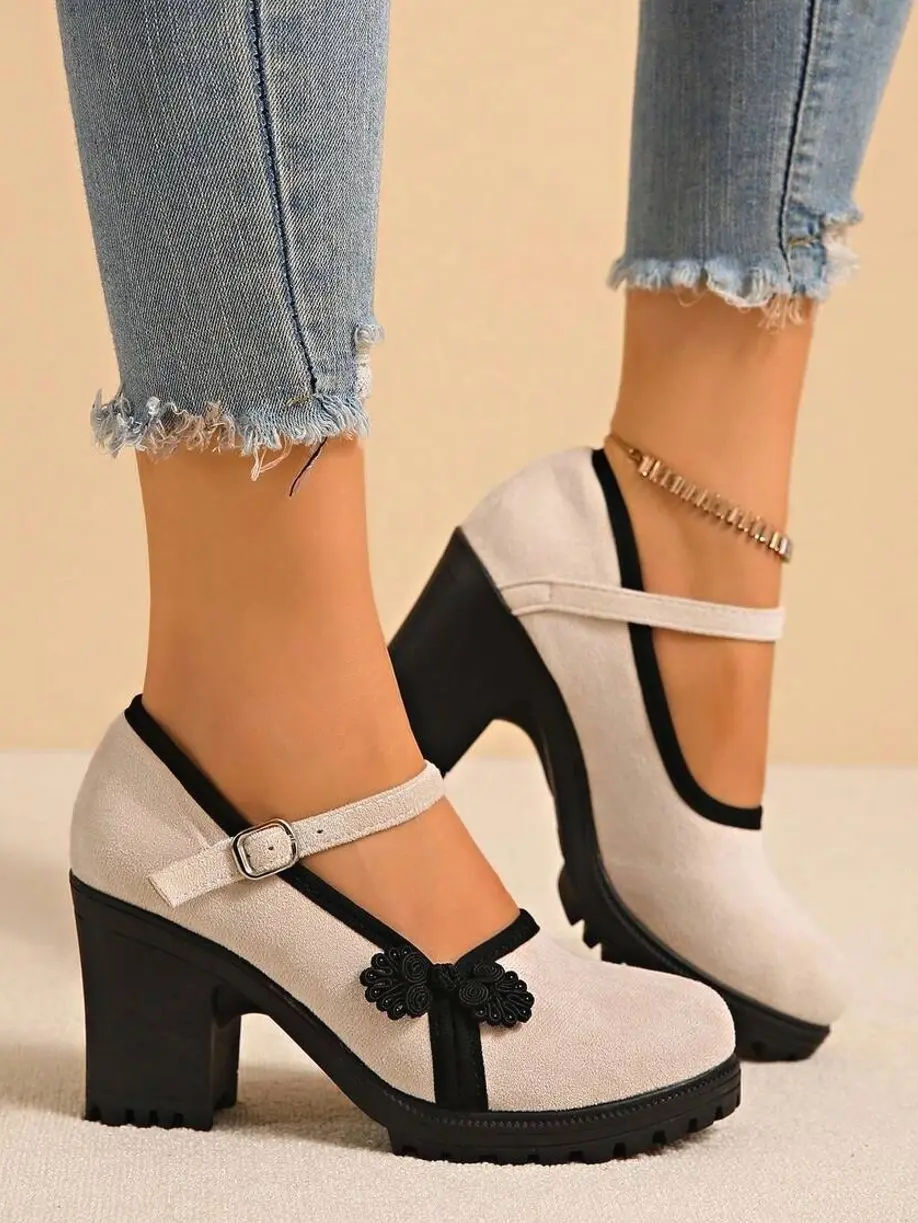 Mary Jane Chunky Heel Pumps, Beige Fabric Round Toe High Heels, Elegant Chinese Knot Style Formal Shoes