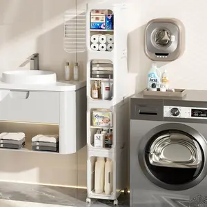 Narrow Bathroom Storage Cabinet with Movable Wheels, Slim Storage Cabinet with 4 Doors & Removable Panel, Skinny Bathroom Organizers and Storage for Small Space, Corner, Kitchen, Laundry