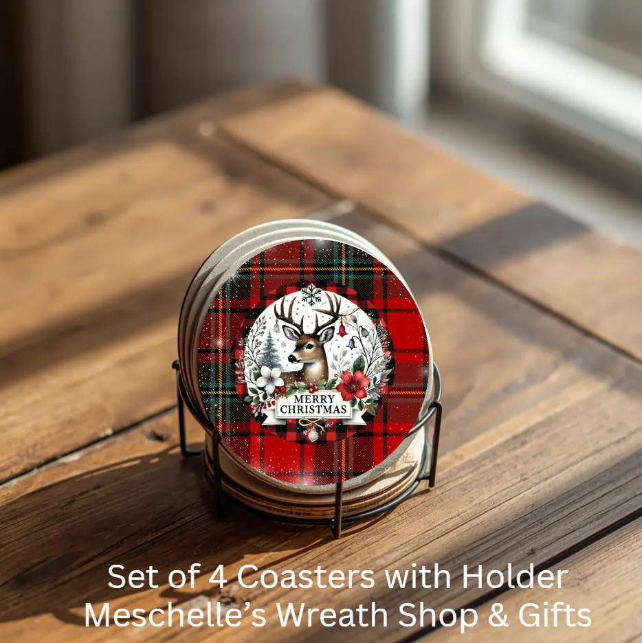 Merry Christmas Deer House Coasters Set of 4 Ceramic Coasters with Metal Holder