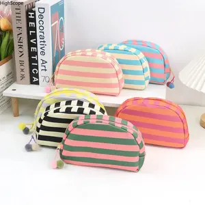 Aesthetic Shell Striped Cosmetic Bag – Cute Travel Makeup Organizer Pouch for Women, Portable Toiletry Bag for Skincare, Makeup & Daily Essentials