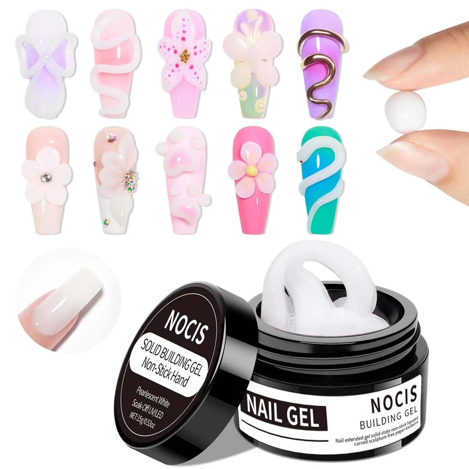 Non-Stick Hand Nail Extension Gel - White, Solid Gel Builder, Hard Builder Gel, Polygel Nails, Quick Build Builder for DIY Manicures & Pedicures, Alcohol-Free