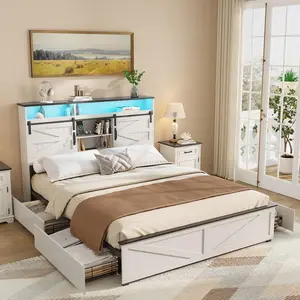 Vabches Farmhouse Bed Frame with 4 Drawers and LED Light, Sliding Barn Door Storage Shelves and Charging Station Metal Platform Bed Frame No Box Spring Needed