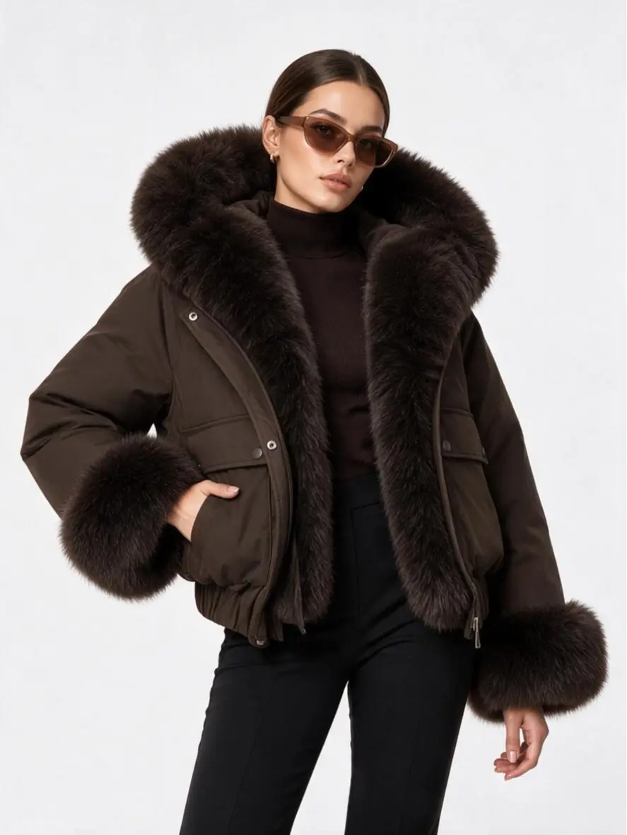 Women's Cropped Puffer Jacket with Eco Fur Collar, Hooded Warm Winter Coat, Brown, S-XL