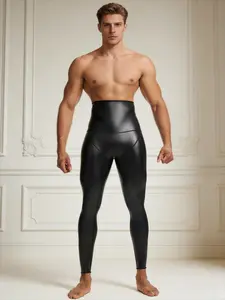 European American Men's Four Way Stretch Leather Pants Waist Shaping Hip Lifting Leg Slimming High Waist Body Shaping Pants Nine Points Tummy Control Fitness Waist Trainer Pants