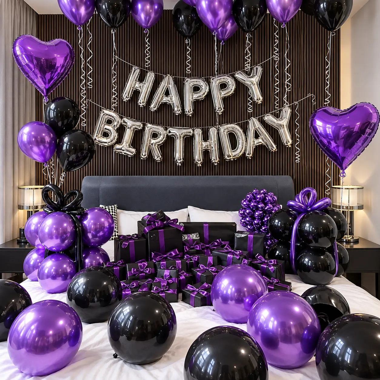 61PCS Purple Black Birthday Decorations Kit, Happy Birthday Silver Letter Balloons Set with Heart Foil Balloons, Latex Balloons and Party Accessories, Stylish Birthday Party Supplies for Adults Kids Celebration