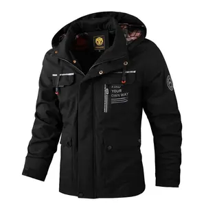 Men’s slim-fit casual jacket with letter print, zip-up hood, outdoor waterproof softshell hooded military tactical jacket