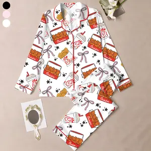 Chicken Nuggets Coquette Satin Pajamas for Women ,Funny Cute Chicken Sleepwear, Comfy Satin Lounge Set for Holiday Gift