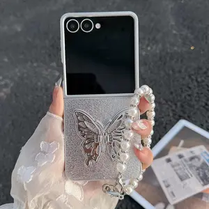 Peart Phone Holder Case for Samsung Galaxy Z Flip 7 5 6 4 3 Luxury Plating Butterfly Holder Stand Shockproof Cover