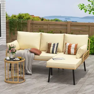 GARVEE 3-Piece L-Shaped Patio Furniture Set, Outdoor Conversation Sofa Set with Waterproof PE Wicker, Cushioned Lounge Seating, Glass Side Table - All-Weather Rattan Sectional for Porch, Poolside, Backyard
