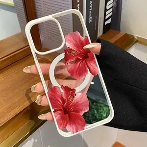 Magnetic phone case with hibiscus growth pattern compatible with iPhone 17/15/16/14 Pro Max/ 13 shockproof and anti-slip silicone transparent case 51mkl07