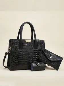 Women's Fashionable Crocodile Pattern Tote Bag, Large Capacity Shoulder Bag & Wallet & Card Holder, Handbag & Long Wallet & Card Holder