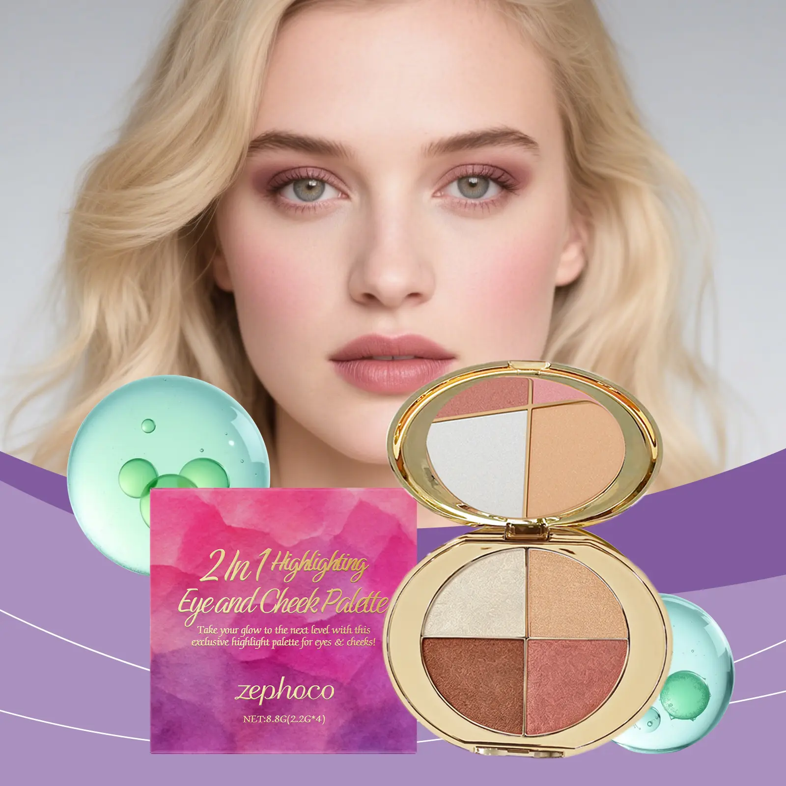 Powder 4-in-1 Facial Cosmetic Palette - Highlighter, Blush, Eyeshadow, Glossy Finish - Ultra-Pigmented, Blendable Formula - Portable, Flawless Natural Glow - Ideal for Makeup Beginners, Everyday Use Cosmetic Glossy