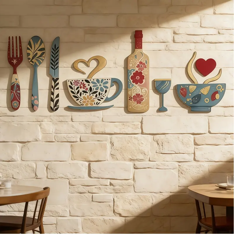 8-Piece Wooden Wall Decor Set, Fork, Coffee Cup, Wine Glass Design, Kitchen, Cafe, Restaurant, Bar Wall Art, Room Wall Decor, Home Decoration, Gift Idea