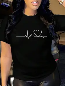 Women's Heartbeat Print Round Neck Tee, Casual Short Sleeve T-Shirt for Summer, Women's Top for Daily Wear