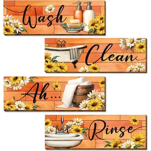 4 Pcs Bathroom Decor Wall Art, Bathroom Pictures Wall Decor, Wooden Abstract Bathroom Signs, Glitter Toilet Decoration, Funny Restroom Hanging for Home Office Spa Laundry Watercolor Floral Design Orange and Black 4x12 Inch