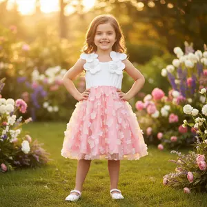 1-Piece Toddler Girls Sleeveless Princess Party Tutu Dress for Girls, 3D Floral Applique Mesh Skirt with Pearl Centered Flowers on Straps and Petal Embroidery, Soft Ribbed Bodice and Lightweight Lining, Birthday Parties Weddings, Ages 4 to 7 Years