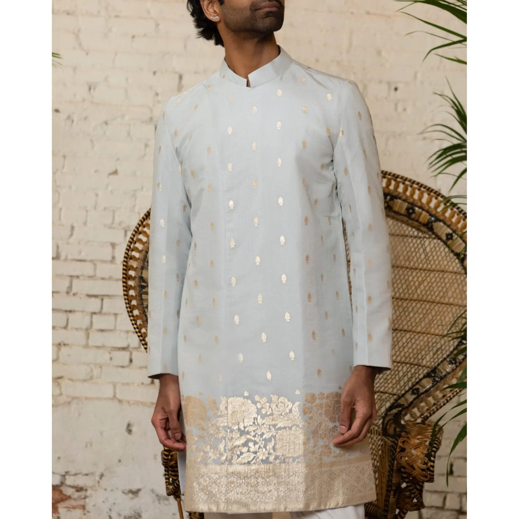 Niraj Sherwani Set - Silver Sage Tussar Silk Jacket with Gold Foil Print, Mandarin Collar, and Cotton Elastic Waist Pants