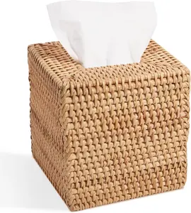 Rattan Tissue Box Cover, Square Hand Woven Natural Wicker Tissue Box Holder, Decorative Facial Napkin Holder Tissue Box Organizer Dispenser | Natural