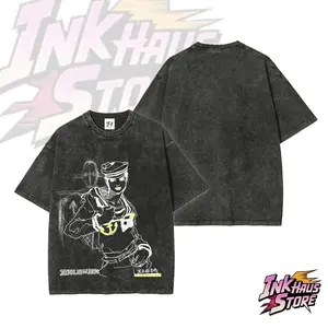 Josuke Higashikata T-shirt and his stand Soft & Wet JoJolion (JoJo's Bizarre Adventure Part 8: The Gospel of JoJo) -- Short Sleeve Cotton Unisex Retro Acid Wash Tee