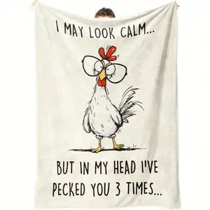 Funny Chicken Blanket, Soft Flannel Plush Throw with Funny Rooster & Hens Design, Humorous "I May Look Calm... But My Head I've Pecked You 3 Times" Saying,Suitable for beds and sofas can also be given as a gift Quirky Home Accessory, Sister Present