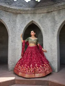 Olive green and Maroon foil printed crepe 3-piece Lehenga choli