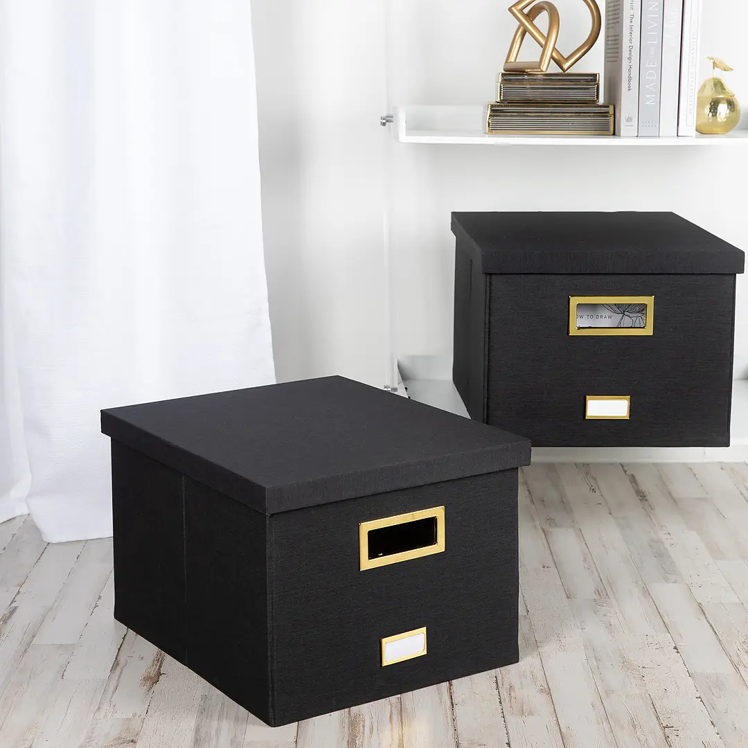 BLU MONACO Stackable Hard Plastic File Box with Lid - High-Quality, Portable Office Accessories, Black Document Organizer, Paper Organizers for Home Office File Folders & Paperwork, 14"x17.2"x10.7"
