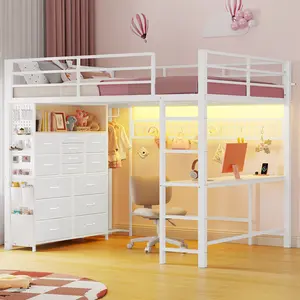 ADORNEVE Full Size Loft Bed with Desk,14 Storage Drawers & Power Outlet, Full Loft Beds with LED Lights, Pegboard, Metal Loft Bed with Safety Guardrail & Ladder, Space Saving for Teens