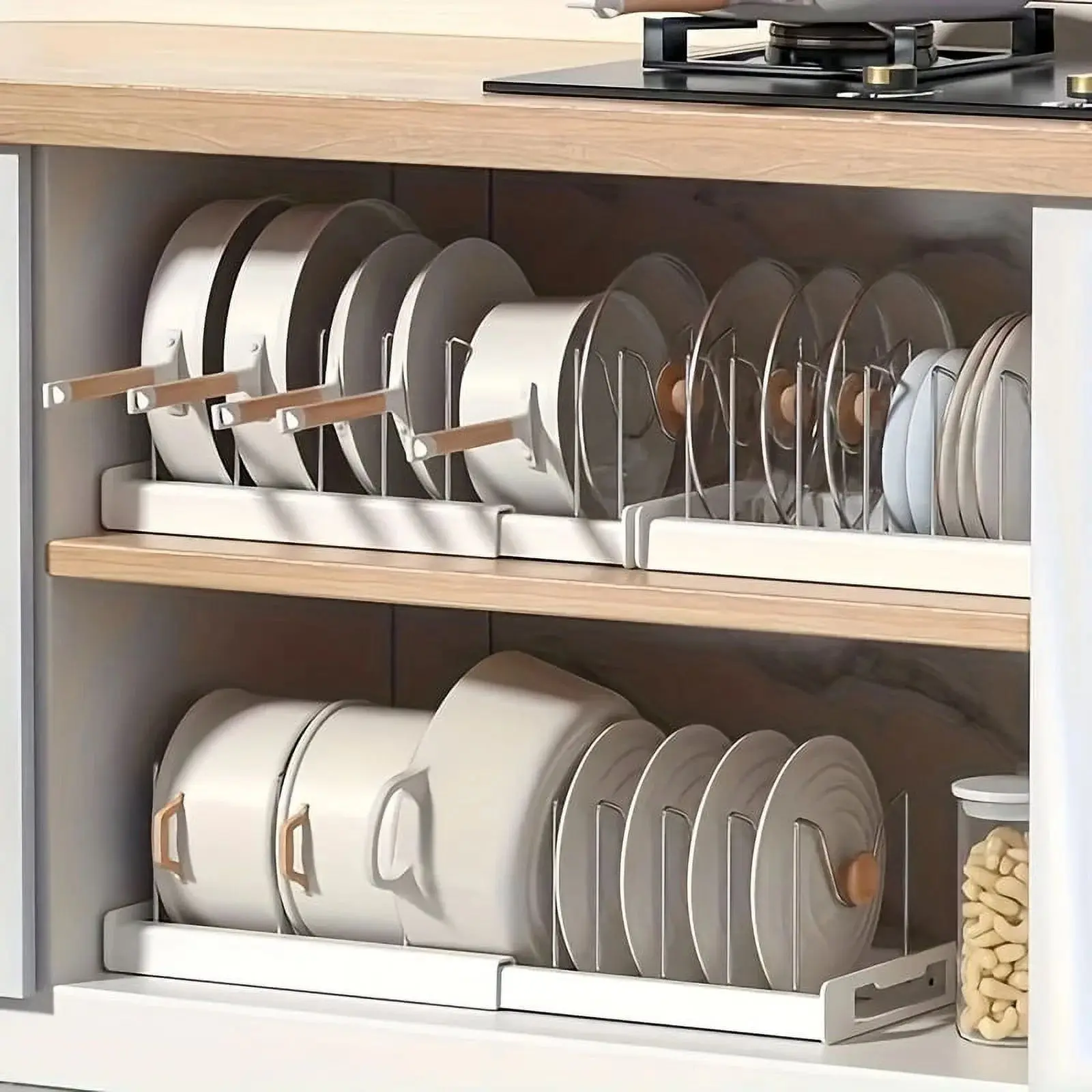 ABS Expandable Pot & Pan Organizer, Adjustable Divider Design, Multi-Use Storage for Lids, Cookware & Kitchen Utensils, Space-Saving Under Cabinet Kitchen Organizer
