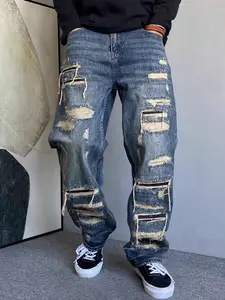 Men's Streetwear Vintage Multi-Ripped Distressed Pocket Wide Leg Straight Denim Jeans, Casual Loose Fit Long Pants, Stylish Aesthetic All Seasons Fashion, Menswear
