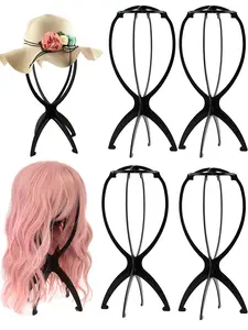 4pcs Wig Display Holder, 2024 New Stylish Portable Short Wig Stand, Wig Mannequin, Collapsible Wig Display Tool for Multiple Wigs & Hats