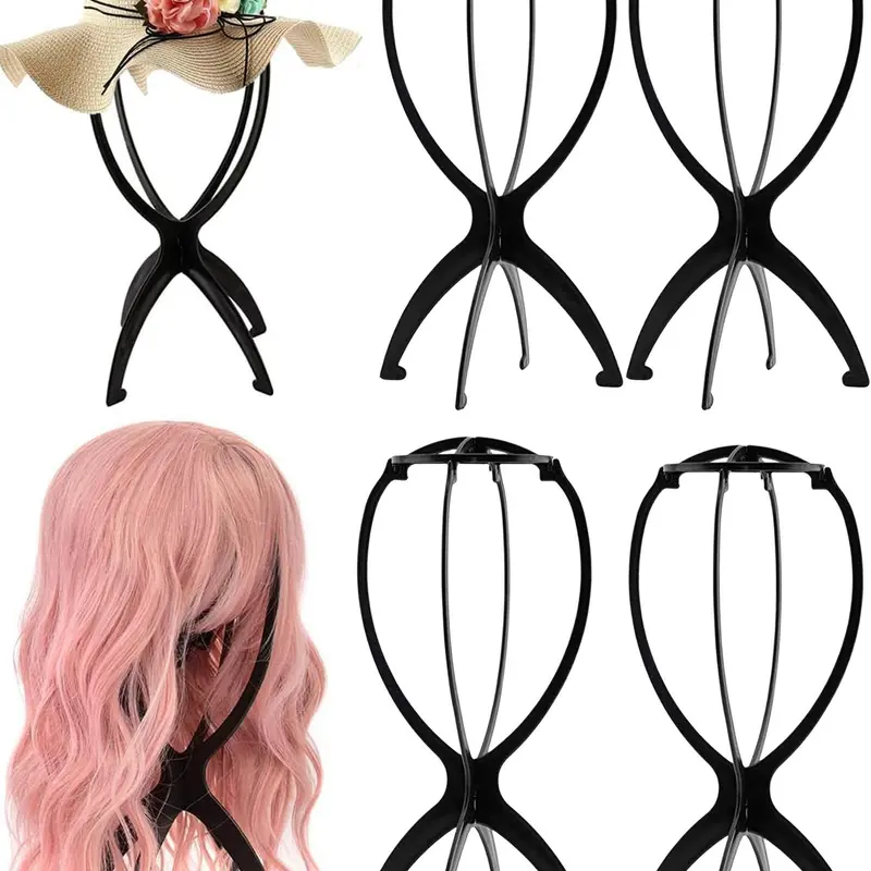 4pcs Wig Display Holder, 2024 New Stylish Portable Short Foldable Wig Stand, Wig Mannequin, Collapsible Wig Display Tool for Multiple Wigs & Hats