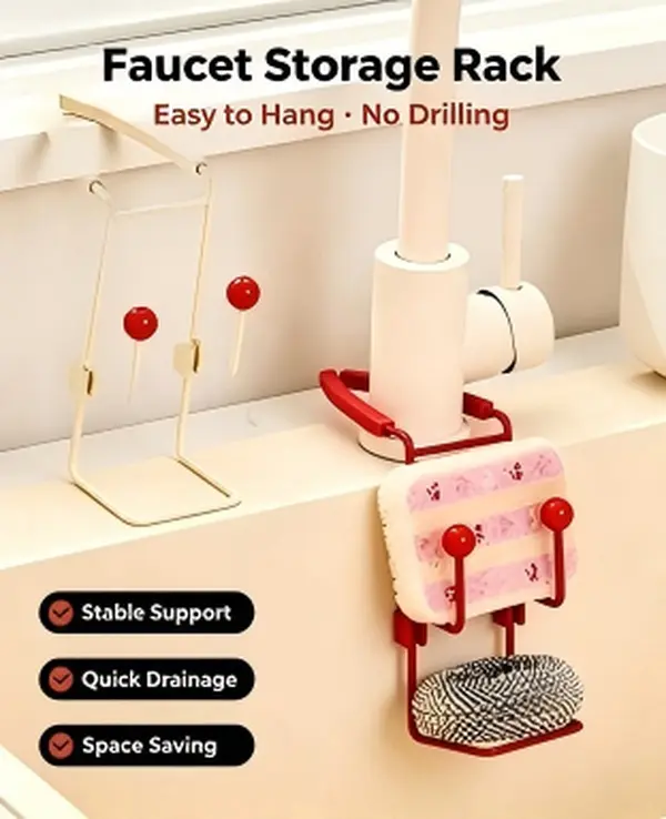 Adjustable Hanging Faucet Sponge Holder,  Kitchen Sink Storage Rack, Rustproof Space Saving Drain Rack for Dish Sponge & Scrub Pads