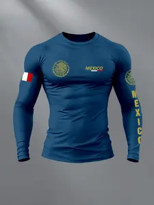 Men's Mexican Coat of Arms Graphic Print Fitted Long Sleeve Round Neck Casual Top, Basic Long Sleeve T-Shirt for Fall & Winter