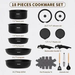18-Piece Nonstick Cookware Set, Camping Cookware Set,Detachable Handle, Induction Kitchen Cookware Sets Non Stick with Removable Handle, RV Cookware Set, Oven Safe