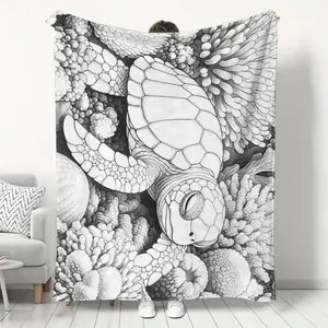 Adult Coloring Blanket Suitable For - Hand-Painted Sea Turtle & Coral Throw Bedspread, High-Density Flannel Bedspread With Retro Sea Turtle Patterns, Skin-Friendly Warm Cozy Bedding For Home, Office Nap, Coloring Gift For Adults