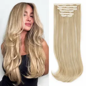 ALXNAN Synthetic Bleach Blonde Clip-in Hair Extensions Natural Straight Long Layered for Women Curly Wavy Heat Resistant Natural Straight