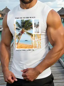 Men's Summer Sleeveless Shirt with Tropical Palm Tree Print, Lightweight Breathable Gym Muscle T-Shirt for Beach & Fitness, Workout Tank Top, Casual Moisture-Wicking Vest Tank Top