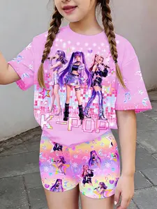 Women's K-Pop Casual Short Sleeve T-Shirt & Shorts Set, Cartoon Girl Design, Summer, Comfortable Daily Wear