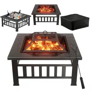Portable Metal Fire Pit with Mesh Lid and Poker, Outdoor Square Garden Fireplace Heater for Patio Backyard Courtyard Camping, Black