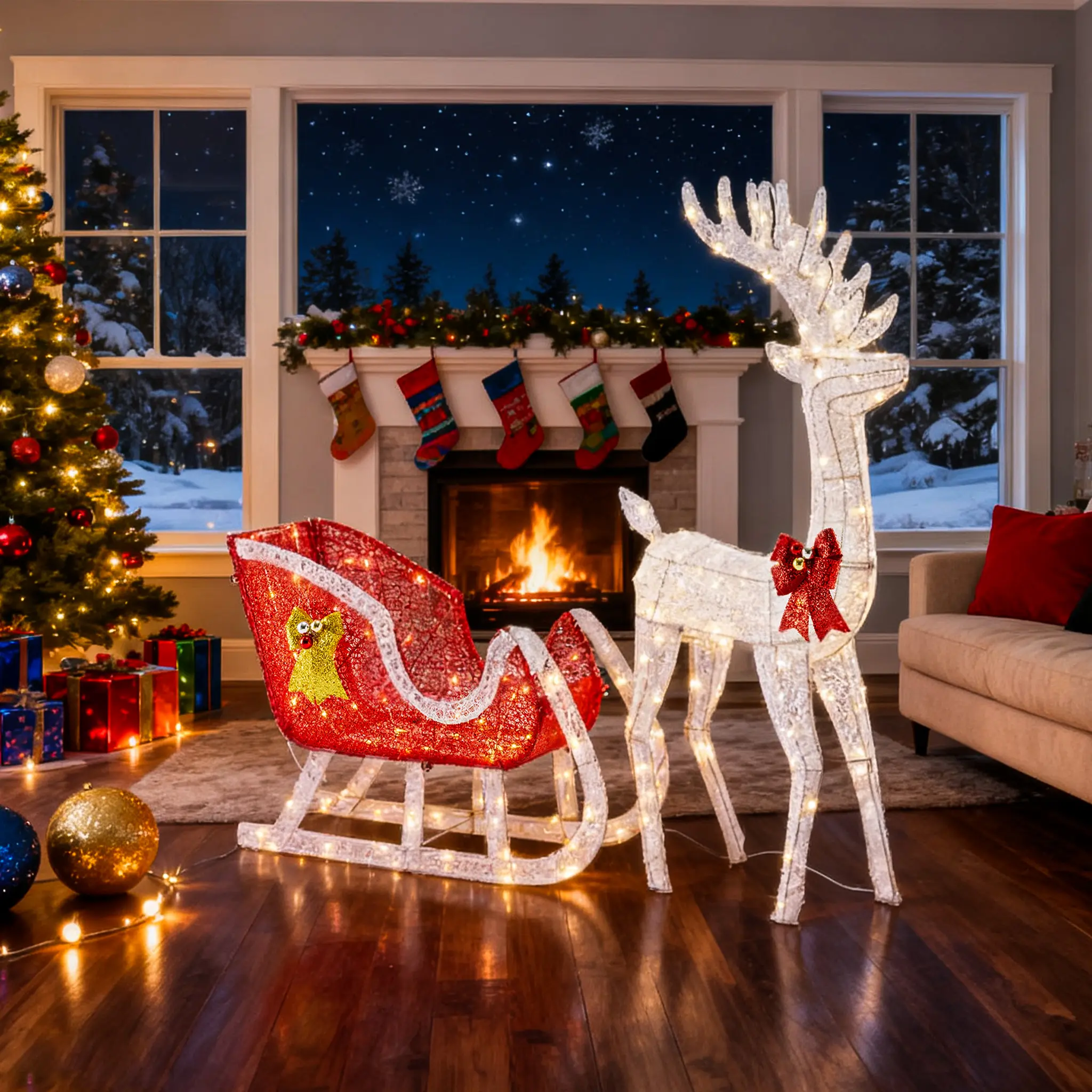 Large Lighted Christmas Deer Family Set – 360 Warm LED Standing Reindeer Decor, Outdoor Yard Lawn Ornament with Stakes & Zip Ties