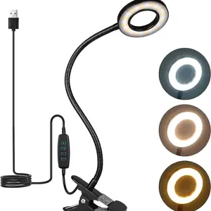 LED Desk Lamp Clip on Light with 3 Color Modes 10 Brightness Ring/Clamp Light 360° Adjustable Neck Dimmable Eye Protection Desk Lamps for Home Office Adjustable Lights