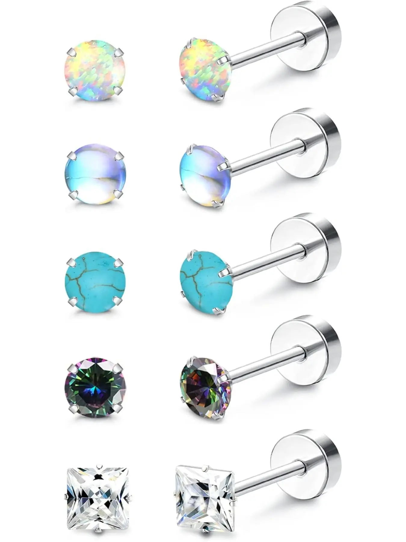 5Pairs G23 Titanium Flat Back Earrings Surgical Stainless Steel Stud Earrings, Flatback Stud Earrings for Women Men Opal Pearl Sleeper Cartilage Screwback Earrings Piercing Studs Titanium Earrings for Sensitive Ears Earrings Jewelry