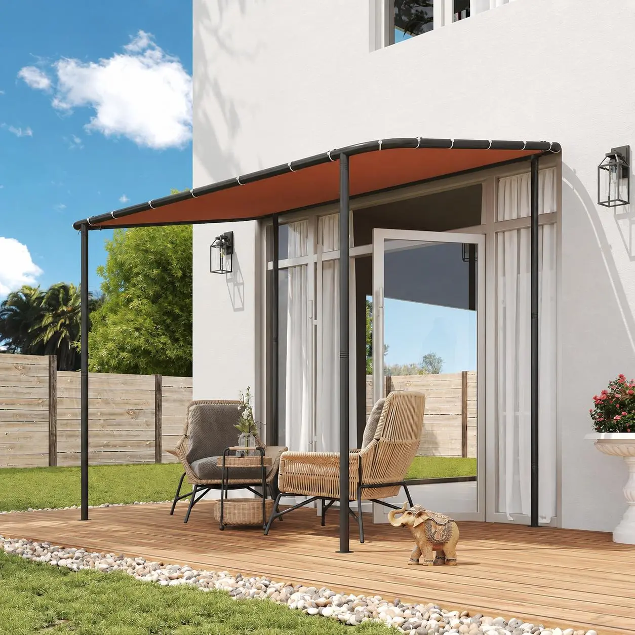 Aoxun 10x12 Lean to Gazebo Outdoor Pergola with LED Lights, Wall-Mounted Canopy Sloped Roof Awning for Patio Backyard, Deck, or Garden Kahaki