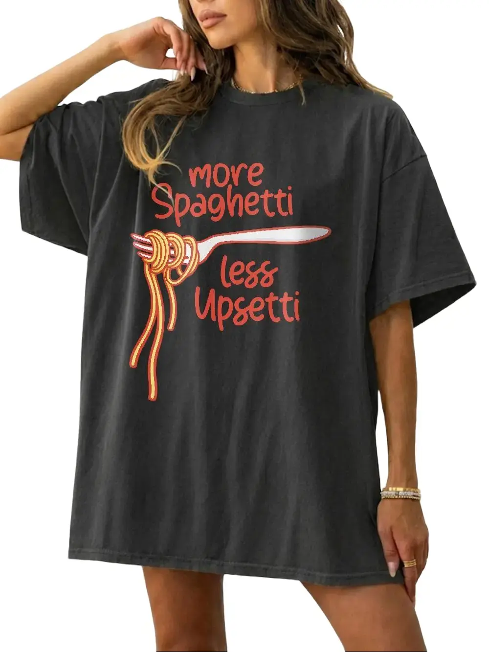 Women's Cotton Unisex Round Neck Seamless Garment - "More Spaghetti Less Upsetti" Funny Pasta Graphic Tee, Cute Food Pun Quote Shirt Gift for Italian Food Lovers, Fabric, Fit, Top, Printed