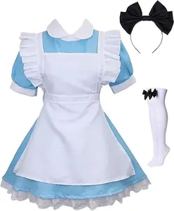 Adult Anime Cosplay Outfit Women Blue Maid Costume Apron 4 Pcs Halloween lolita Maid Dress Set
