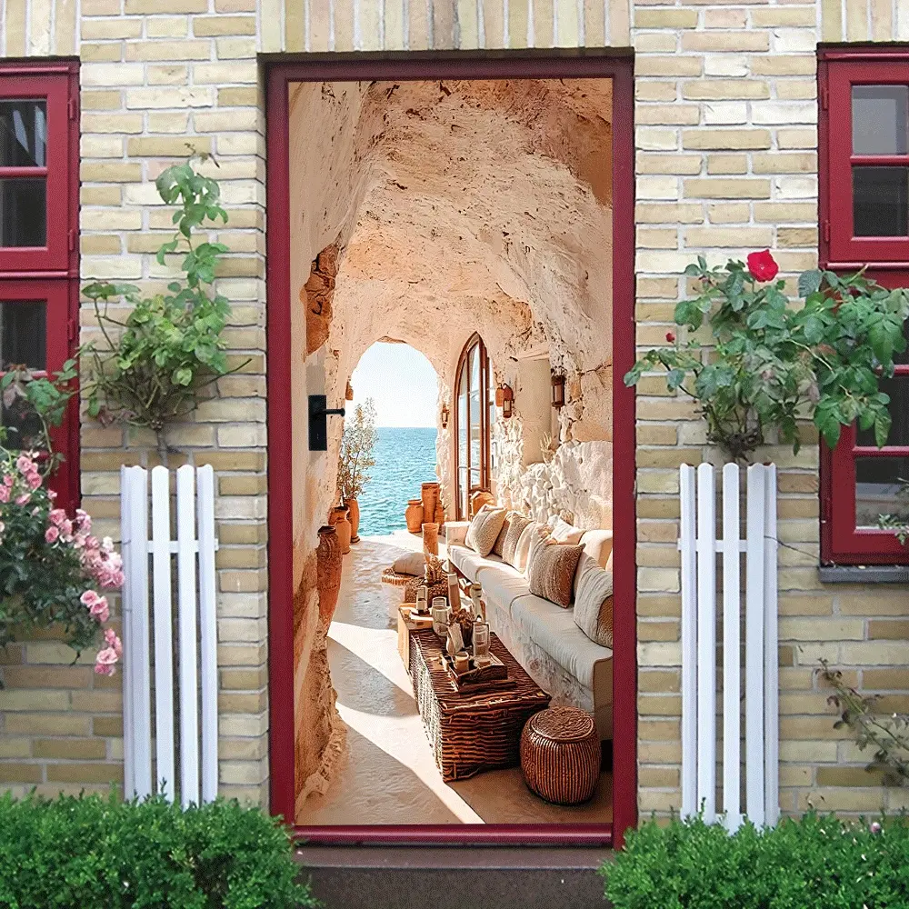2 Mediterranean Cave Arch Wall Sticker Stereo Simulation Stone Wall Seaview Living Room Porch Background Decorative Sticker Self Adhesive Waterproof Removable