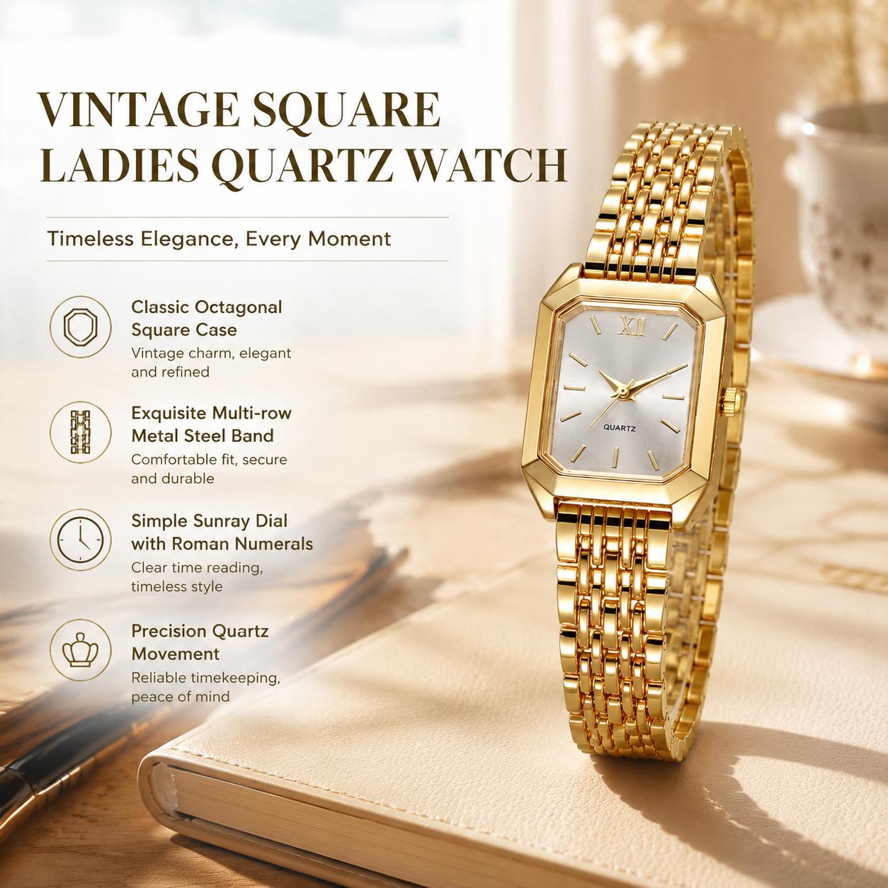 Luxury Ladies Fashion Quartz Watch Simple Scale Square Quality Gold Plated Women Watches Business, Gift Box & Adjuster & Gift for Her | Women's Lightweight Square Quartz Watch - Gold Analog, Elegant Vintage, Small Stainless Steel Bracelet Wristwatch, Girl