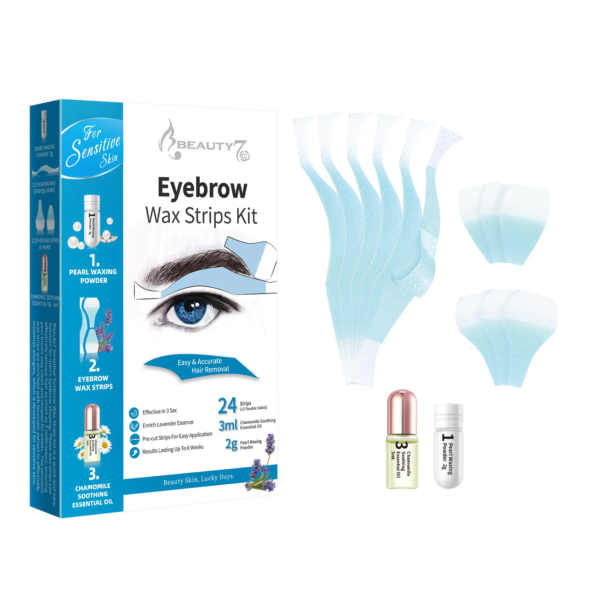 Beauty7 Men's Eyebrow Wax Strips Kit with Lavender, Enhanced with Pearl Powder and Chamomile Oil, Includes Finishing Essential Oil for Sensitive Skin, 24 Count, Double-Side, All Skin Types, Kit Box