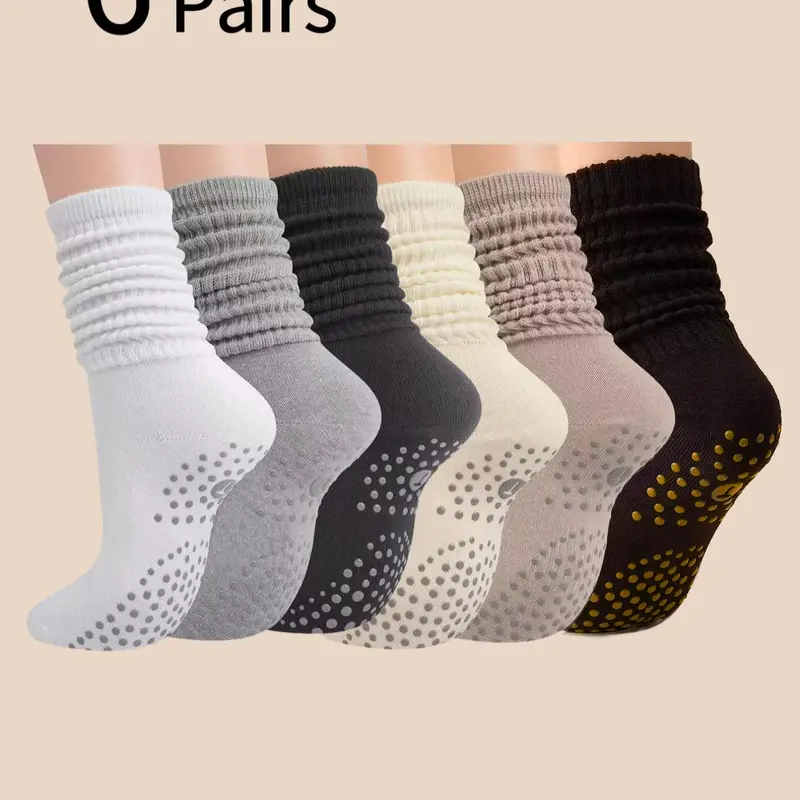 Women's Yoga Socks Mid-Calf, Anti-Slip Grip Sports Athletic Tight Socks, Pilates Fitness Sports Socks, Indoor Jump Rope Dance Training Floor Socks, Sporty Socks, 6 Pairs Pack