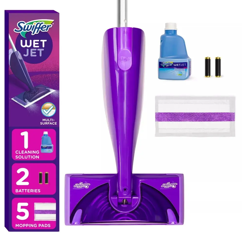 Swiffer WetJet Mop Starter Kit - 1 Spray Mop, 5 Mopping Pads, 1 Floor Cleaner Liquid Solution